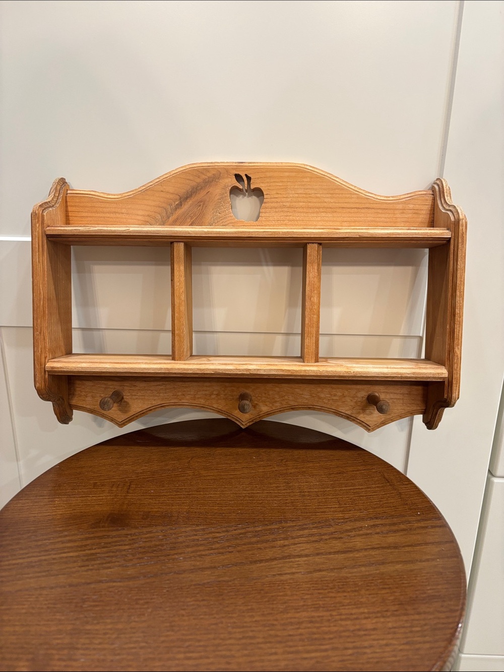 Natural Wood Wall Shelf with Hooks - Apple design